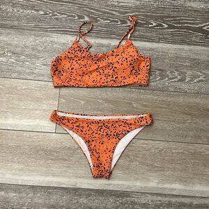 SHEIN Swimwear Sz M Bikini Set Top & Bottoms Orange Black Spotted Animal Print